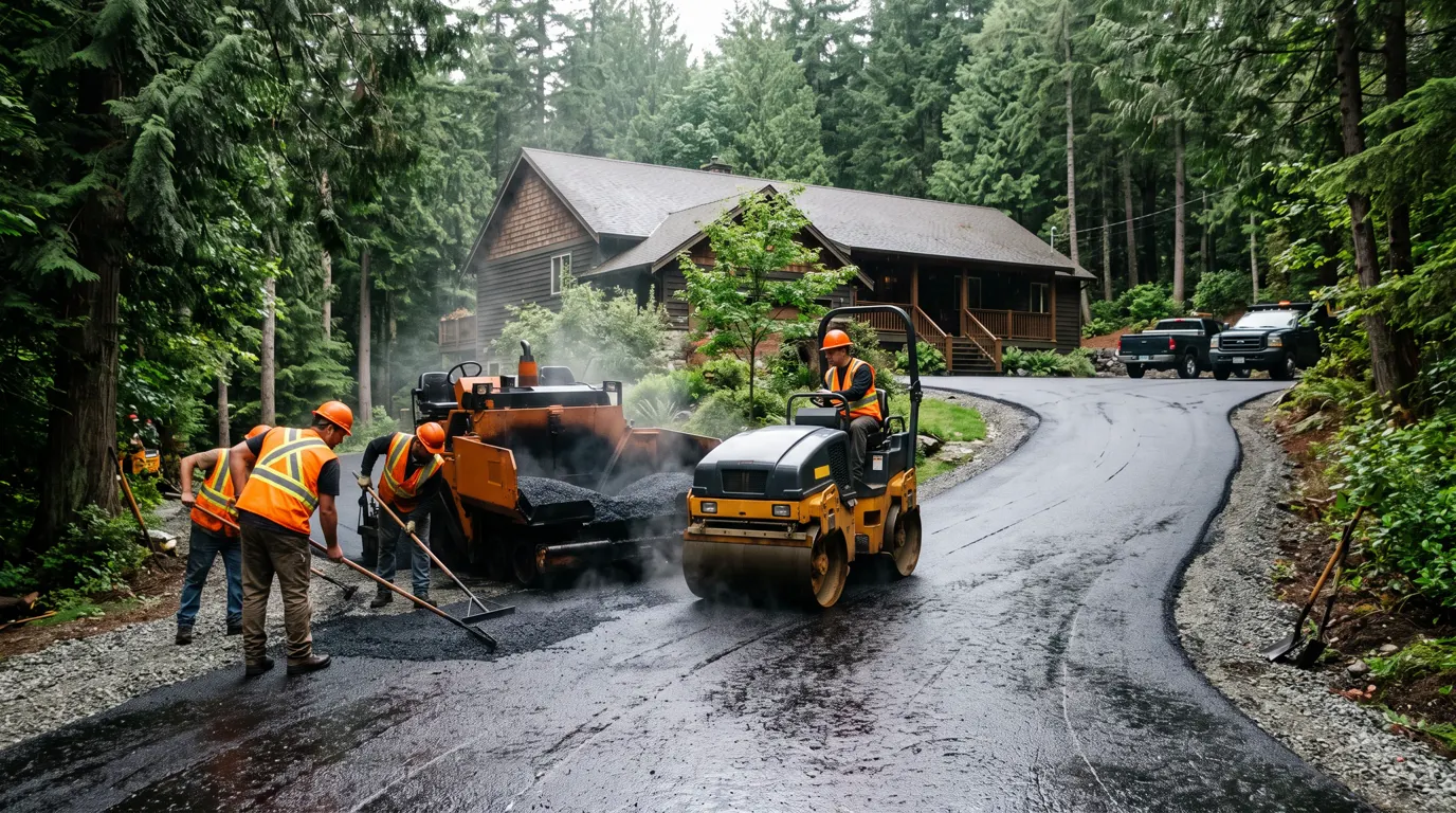 Paving crew laying fresh asphalt with a paver and roller on a commercial lot in Langley BC