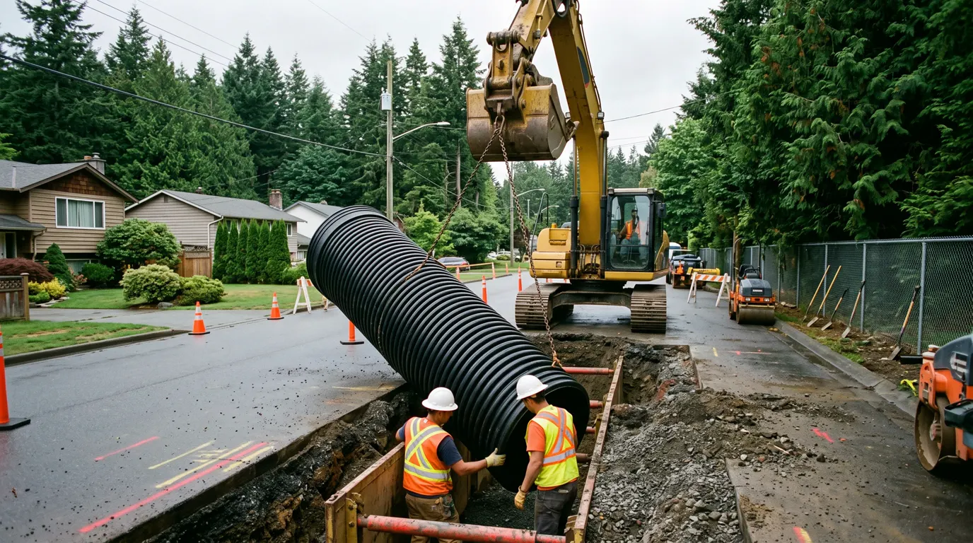 Concrete catch basin and storm drainage pipe installation in an open trench in Langley BC