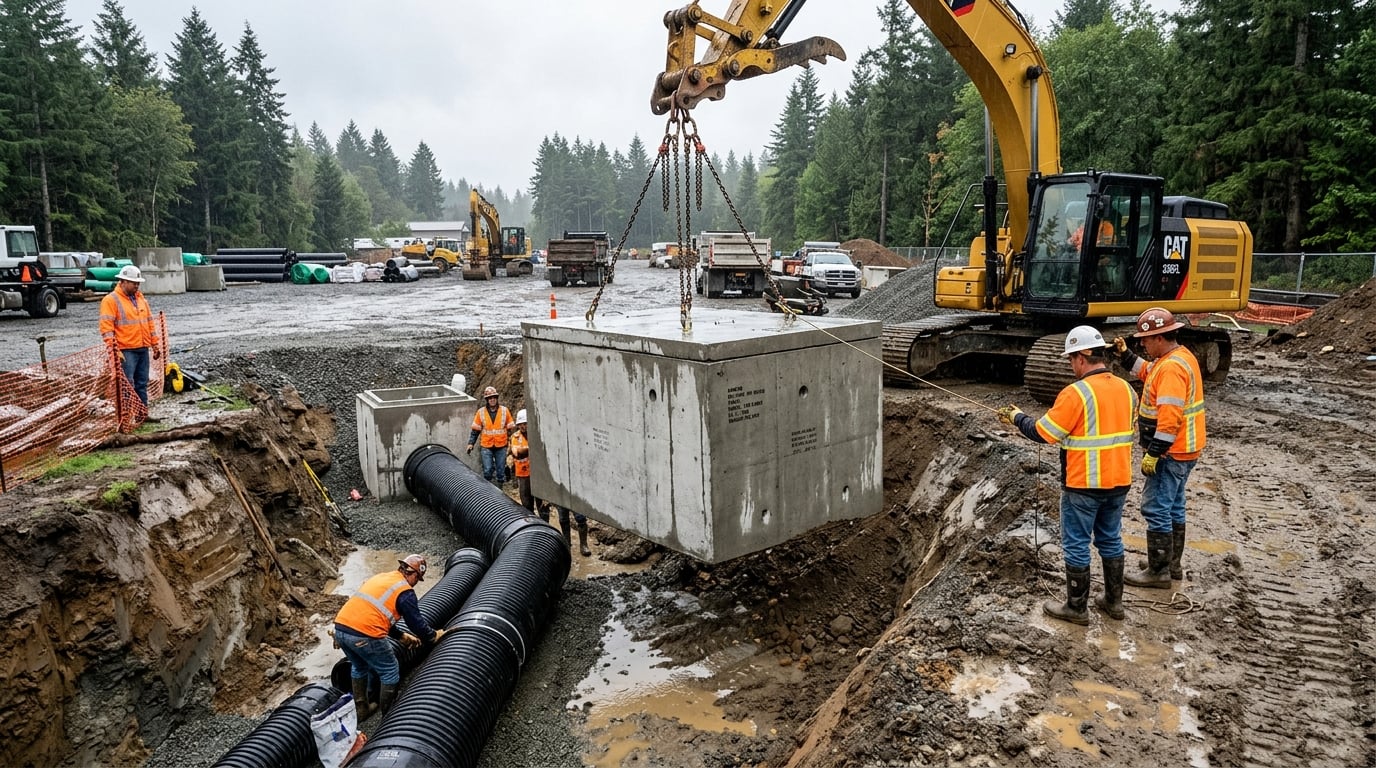 Concrete catch basin and storm drainage pipe installation in an open trench in Langley BC