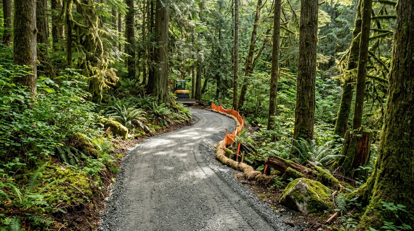 Machine-built gravel trail through a forest, environmental trail construction in the Fraser Valley BC