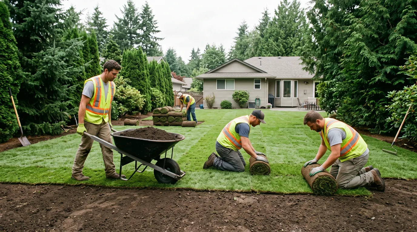 Landscaping crew installing sod and a stone retaining wall at a strata property in Langley BC