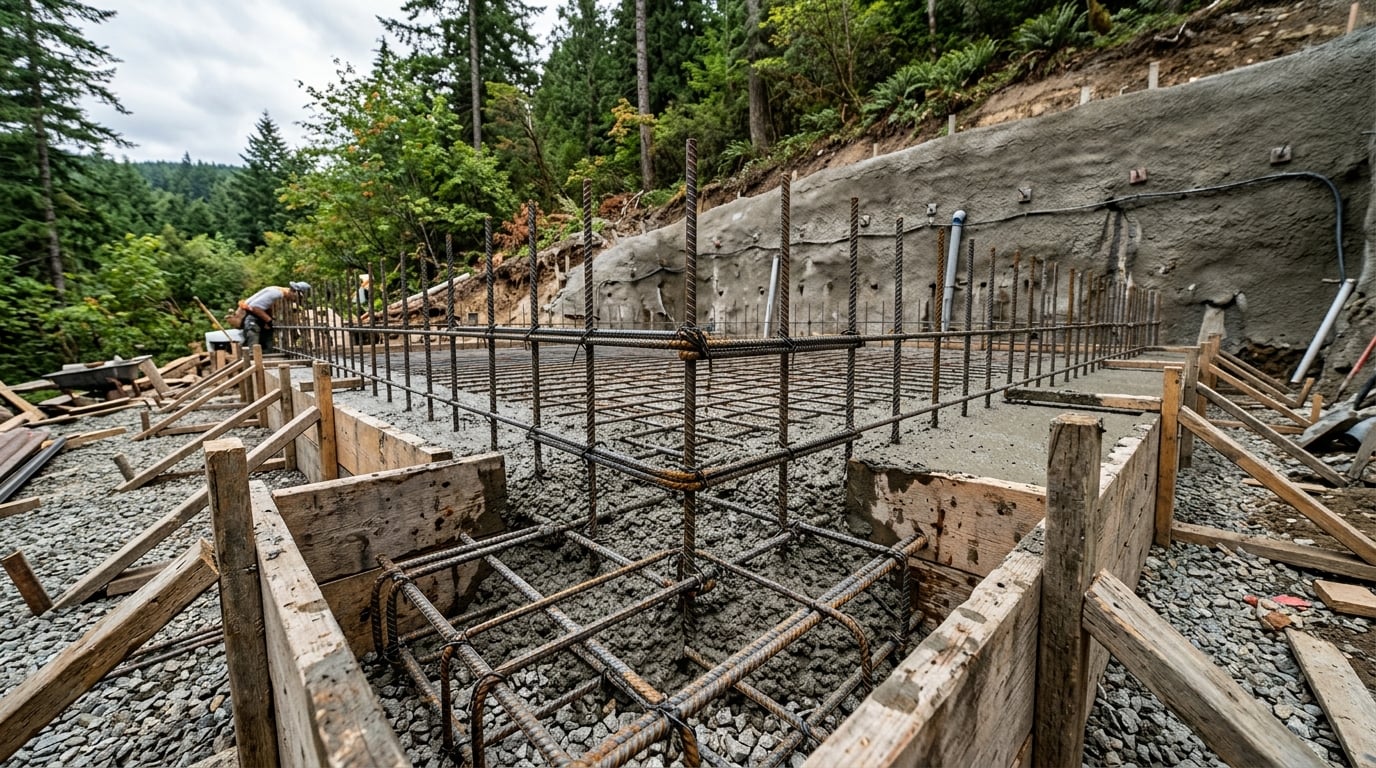 Concrete foundation footings with rebar and shotcrete retaining wall built by TDS Civil in Langley BC