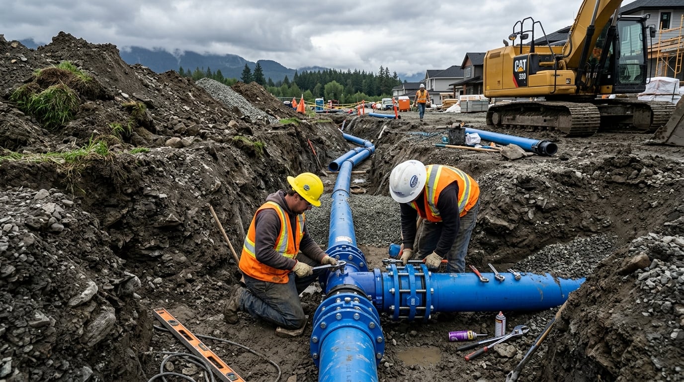 Workers connecting water main pipes in an open utility trench in Surrey BC