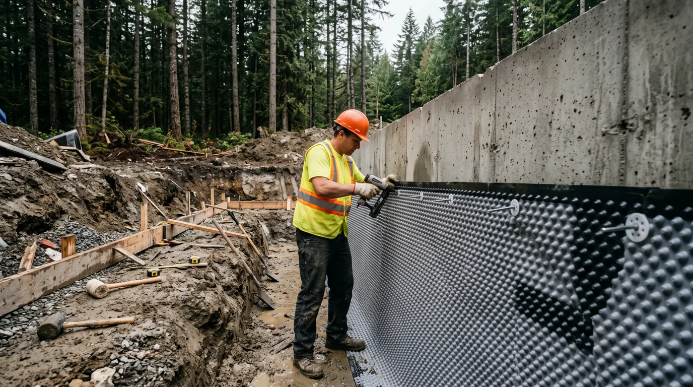 Worker applying Sika waterproofing membrane to a below-grade concrete foundation wall in Langley BC